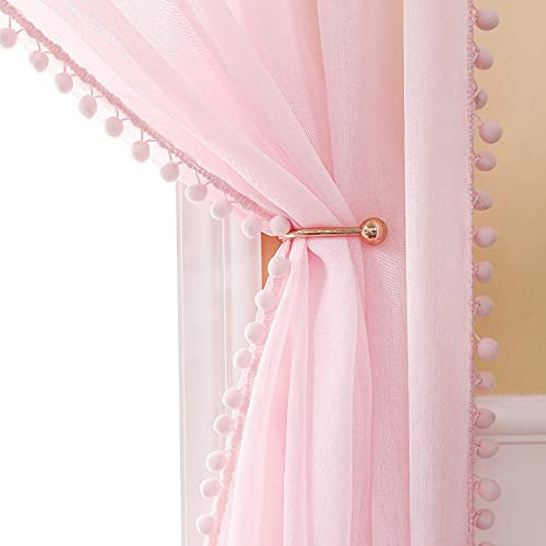 MIULEE Rosa voilegardin med pompom-voilegardiner, set med 2 (2XL140 x H 280 cm), vackra dekorativa gardiner för babyflicka, fönstergardin inomhus, vardagsrum, barngardin med plyschboll