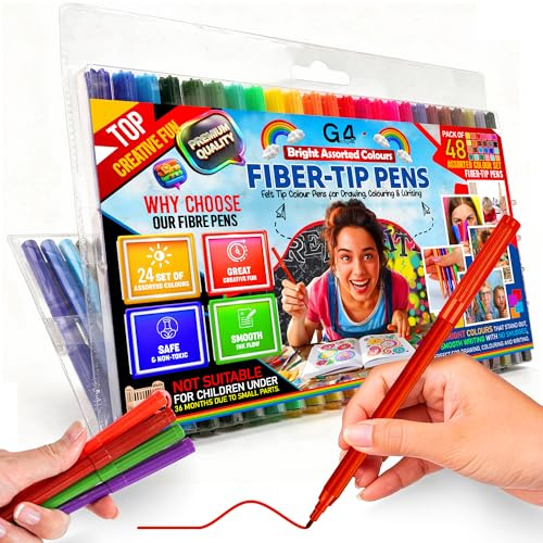G4GADGET 48 Fine Tip Felt Tip Pens for Adults & Kids – Non-Toxic Colouring Pens Set, Vibrant Coloured Markers for Drawing, Journaling, Art & School – Smooth Writing Colour Pens for Craft & Sketching