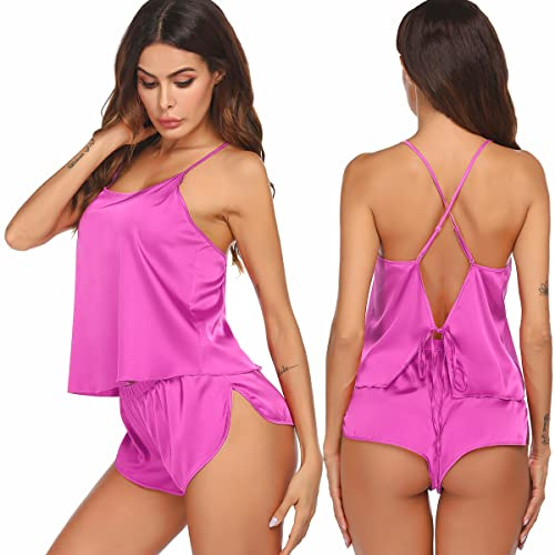 Ekouaer Silk Pajamas Set for Women Satin Backless Lingerie Pjs Cami Top and Shorts Nightwear Rose Red