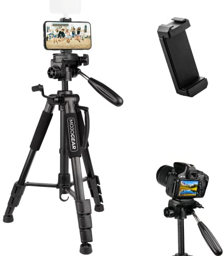 MOJOGEAR 140 cm videostativ met premium smartphone-hållare – aluminiumkamera DSLR mobiltelefon resa treben tripod, med 3-vägs kulhuvud, snabbkopplingsplatta, väska – SAB234