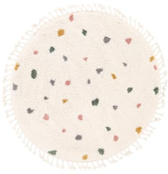 RugVista Confetti, Kinderteppich, Shaggy/Handloom, Ø 150 cm, Rund, Niedriger Stapel, Kinderzimmer, Nur chemische Reinigung, Ohne gefährliche Chemikalien, Off Weiß