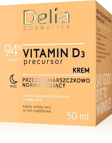 Delia Cosmetics - Precursore della vitamina D3 - Crema Notte normalizzante antirughe - Tutti i tipi di pelle, acneica - Idratante, Rassodante - Coenzima Q10 - Niacinamide - Curcuma - 50ml