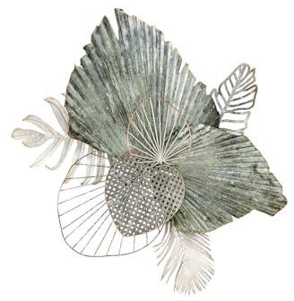 GILDE Deko Wandrelief Wanddekoration - 3D Blätter aus Metall - Bild Dekoration Wohnzimmer - Farben: Grün Creme Grau Gold - 65 x 75 cm