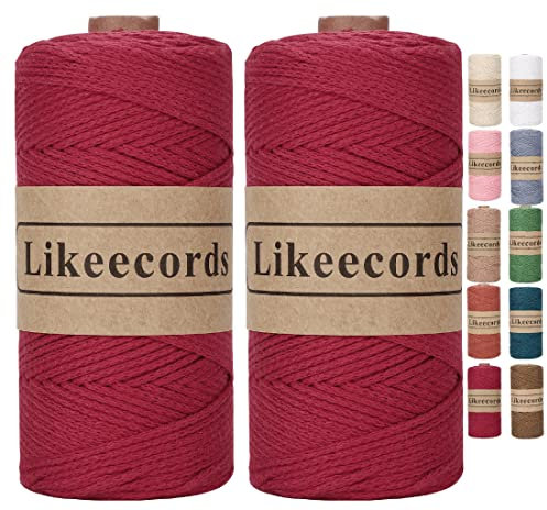 Likeecords 100% Cotton Rope Crochet Yarn Bag Cord 2mm 350Yards Braided Macrame Cord Macrame Rope Crochet Thread Gift for Knitter (Dark Red)