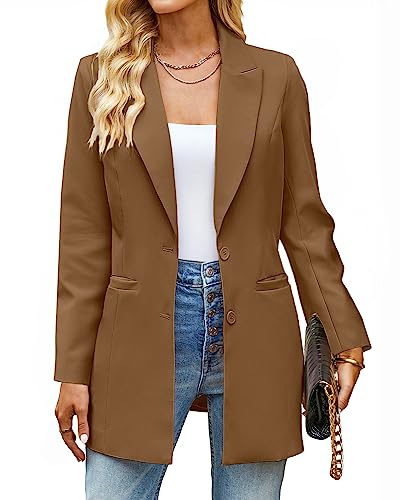 luvamia Blazers for Women Business Casual Long Blazer Jackets Dressy Work Professional Office Outfits Lapel Pockets Boyfriend Blazers for Women Womens Fall Clothing Amber Brown Size 16 Size 18