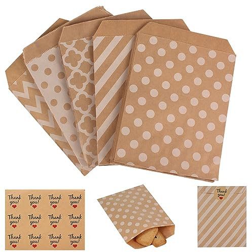 Lyaor 100 Stück Süßigkeiten Papiertüten mit Danke Aufkleber 13x15cm Braun Papiertüten 5 Designs Hochzeit Candybar Tüten Papier Geschenktüten für Ostern Weihnachten Geburtstag Feier Parteien
