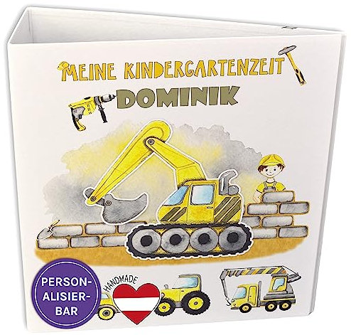 FEENSTAUB Ordner A4 Kinder personalisiert, Kindergarten Ordner, Schulordner, Portfolio Kindergarten, Motivordner A4, Kita Ordner, Portfolio Mappe, Urkunden Ordner Aktenordner Kinder Bagger Baustelle