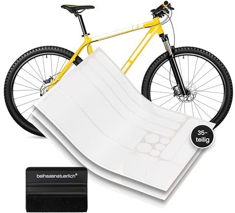 beihaasnatuerlich Set di 35 fogli protettivi per telaio bici (spessore 0,15 mm) – Pellicola autoadesiva resistente a graffi e vernice per mountain bike, e-bike, trekking e bici da corsa, con spatola