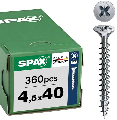 SPAX Tornillos universales 4,5 x 40 mm, 360 unidades - Tornillos de cabeza avellanada con recubrimiento WIROX, rosca completa, ranura en cruz Z2, punta 4CUT - Tornillos para madera 8000000287794