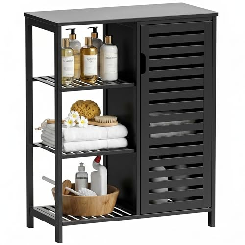 HITNET Black Bamboo Storage Cabinet, Freestanding Bathroom Floor Cabinet with Door and Shelves for Home Office, Space-Saving