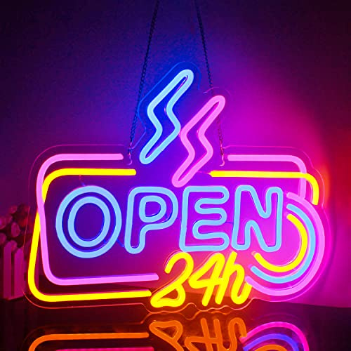 Looklight Open 24H Neon Sign Colorful LED Neon Signs for Wall Decor, Dimmable Open Neon Signs Neon Open Sign for Business Shop Window Door Bar Salon Coffee Stores Club Hotel
