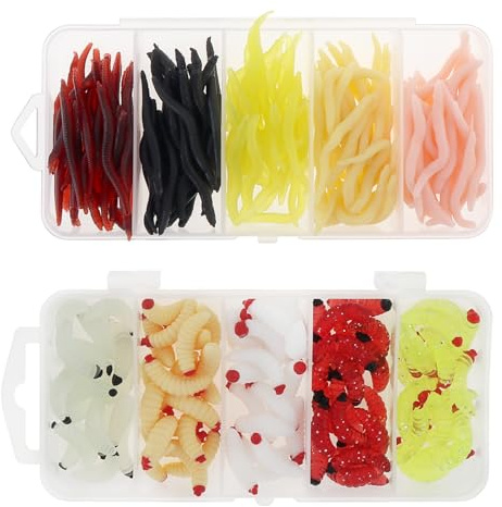 OriGlam Lot de 250 leurres de pêche en plastique souple - Leurres de pêche en plastique - Faux asticots - Appâts de vers de terre artificiels