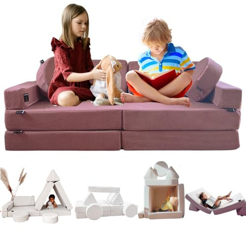 TIPICHOU Spielsofa für Kinder - Kindersofa, ausklappbar, 2-Sitzer, umbaubar in EIN Schlafsofa, Spielplatz, Sessel, Bodenmatratze Kinder (Puderrosa, 2-Sitzer)