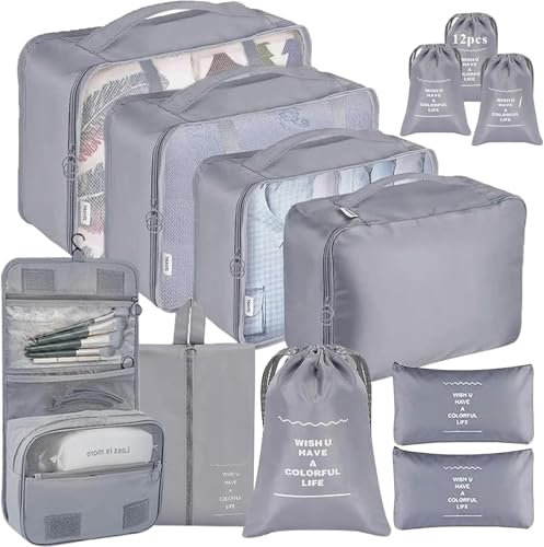 Kinyoda Koffer Organizer Set, 12 Teilige Packing Cubes Kleidertaschen for Suitcase Travel Accessories Kofferorganizer Set Kleidertaschen Packwürfel Kosmetik Travel Organizer Packtaschen für Koffer