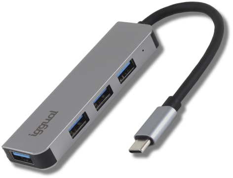 iggual USB-C-hubb med 4 USB 3.0-portar, USB C-adapter med 4 portar, blå LED-indikator och säkringsskydd, typ C-adapter kompatibel med Macbook Pro/Air, iPhone och Galaxy, 30 cm kabel