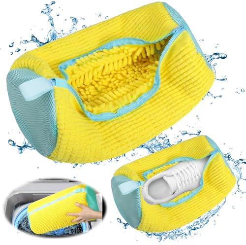 2 Stück Wäschenetz Schuhe, Schuhwaschbeutel Waschmaschine, Schuhbeutel Waschmaschine mit Reißverschluss, Shoe Wash Bag mit 360°Reinigungsflaum, Erhöhter Innerer Reibung, für Sneaker, Socken (yellow)