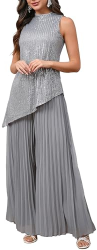 VERWIN Completo in 2 pezzi con top a paillettes a maniche corte asimmetrico, pantaloni a gamba larga lunghi e pieghe, set da salotto con camicia a collo alto, grigio, XL
