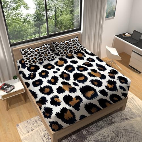 Erwachsener Spannbettlaken Set 180 x 200 cm Weiche Atmungsaktiv Microfaser Druck Spannbetttuch Mode Leopardenmuster für Kinder Mädchen Teens Dunkelbraun Spannbettlaken Set mit 2 Kissenbezug
