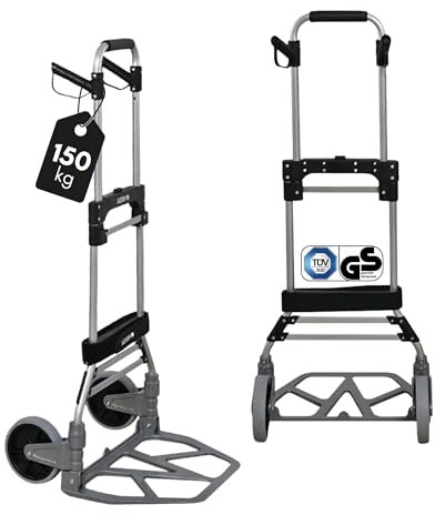 PROREGAL klappbare Aluminium Profi-Sackkarre Elephant | Traglast 150 kg | 6 kg leicht, ergonomische Griffe, Leichtlauf-Vollgummiräder, große Schaufel | Silber | Transportkarre