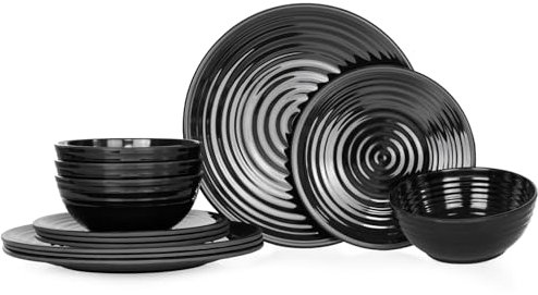 Moritz Vaisselle de camping en mélamine pour 4 personnes 12 pièces | Passe au lave-vaisselle | Service de vaisselle de pique-nique | Vaisselle de camping I Stone Dark Black Design