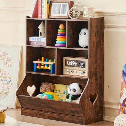 LELELINKY Kinder Bücherregal mit 6 Ablagefächer, Groß Braune Kinderregal Büchergestell für Kinde, Holz kinderbücherregal Spielzeug-Organizer für Kinderzimmer, Kindergarten, Wohnzimmer