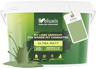 Veluxis Wandfarbe Grün Salbeigrün Gelb Matt Innenfarbe – Deckkraft Klasse 1, VOC-frei, Ohne Grundierung, Tropfarm – Wohnzimmer & Schlafzimmer – 2,5L (Green Grape)