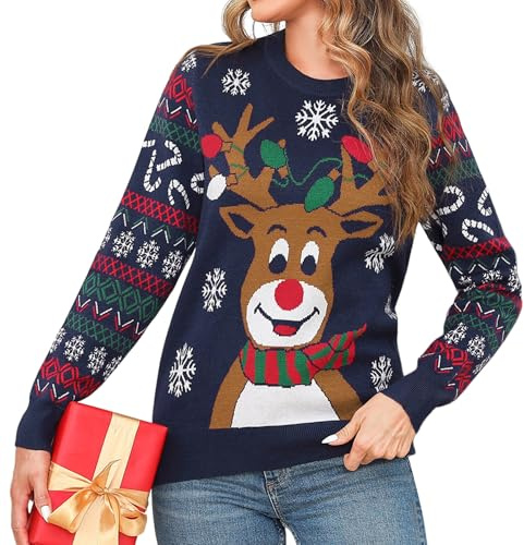 Marvmys Femme Pull Ugly de Noël Bonhomme de Neige Elan Fête Manches Longues Chandail en Tricot Chaud d'hiver Cadeau de Noël Pull en Tricot