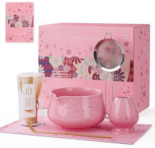 ZENS Matcha Whisk Set, 6pcs Matcha Set Pink Includes 15oz Ceramic Bowl and Bamboo Whisk (Chasen Holder) Scoop, 304 Sifter & Pink Tea Mat, Japanesse Matcha Kit for Matcha Latte-Making