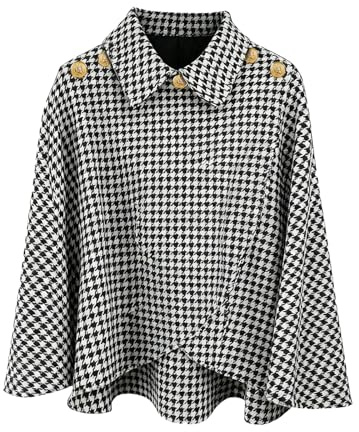 JFAN Poncho Donna Invernale Caldo Mantella Donna Elegante con Bottone e Risvolto Sciarpa Scialle Grande Morbido,Negro+Blanco