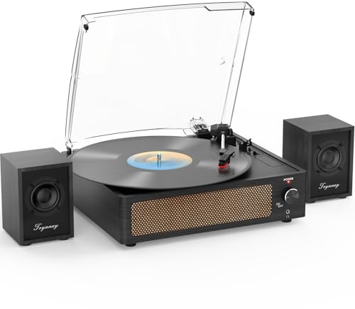 Tocadiscos con Altavoces pasivos de estantería, Tocadiscos Vintage para Discos de Vinilo y LP, Entrada Auxiliar inalámbrica para Auriculares de 3 velocidades y Parada automática.
