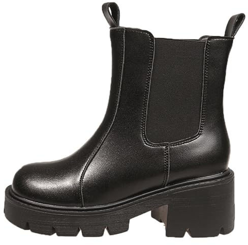 Wtharosa Stivaletti Chelsea Donna con Plateau, Pannelli Laterali Elasticizzati, Punta Tonda, Tacco Largo, Suola a Carro Armato Antiscivolo, per Lavoro & Viaggi,Nero,38 EU