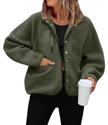 Générique Veste Polaire Femme Hiver Épais Manteau Teddy Boutons Chic Blouson Sherpa Chaude avec Poches Col Revers Manches Longues Outwear Épais Anti-Froid Douillet Vert militaire L