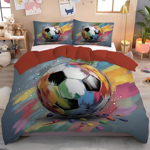 Multicolore Ballon De Football Rayé Parure De Lit 220X240Cm 3D Couleurs Abstraites Parure Housse De Couette Décoratif Motif Parure De Lit 3 Pièces Doux Microfibre Hypoallergénique Et Taies D'Oreiller