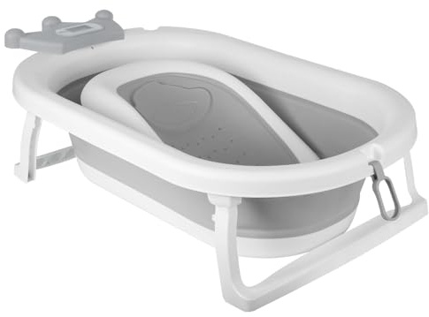 Badkar med termometer, halkfri babydrickare, bärbart babybadkar för 0–3 år gammal baby (krona) 43 x 18 x 86 cm - grå
