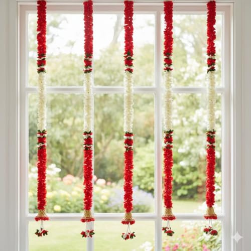 Estationeryhouse Ghirlande artificiali in stoffa con campane dorate, 1,2 m, confezione da 5, decorazione per matrimoni, Eid, Diwali, Mehndi (rosso)