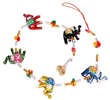 Rastogi Handicrafts Indian Door Hanging Ethnic Kalamkari Hand Painted Elephants Stringed Together With Beads and Bell Christmas Decoratio
