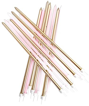 Anniversary House Pack Of 16 Extra Tall Slim Birthday Cake Candles With Holders, Pastel Pink And Metallic Gold Mix, 18 Centimeters, Strong And Sturdy, AHC214