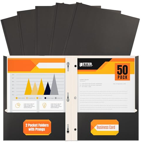 Better Office Products Black Paper 2 Pocket Folders with Prongs, 50 Pack, Matte Texture, Letter Size Paper Folders, 50 Pack, with 3 Metal Prong Fastener Clips, Black