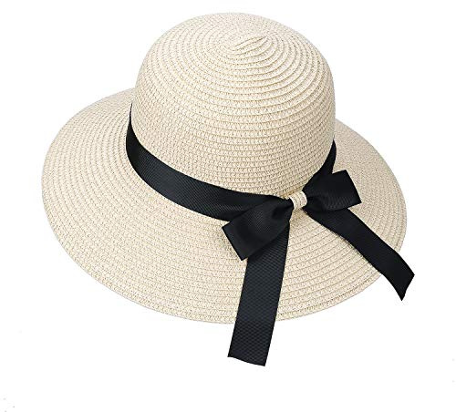 MaoXinTek Chapeau de Paille Femme Large Bord Cap de Soleil UV Protection D'été Pliable Plage avec Décoration Noeud d'arc pour Loisirs Voyage