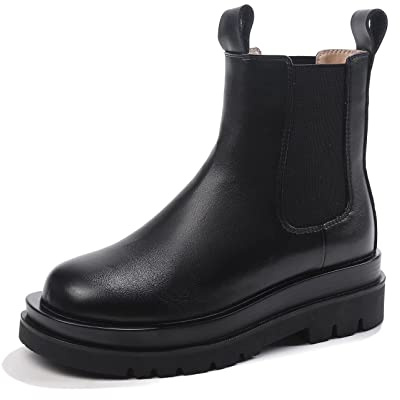 SWZEC Bottines Chelsea Femme à Plateforme Chunky Automne Hiver à Enfiler Bottes à Bout Carré Cuir Rétro Antidérapante Mode Noir 36