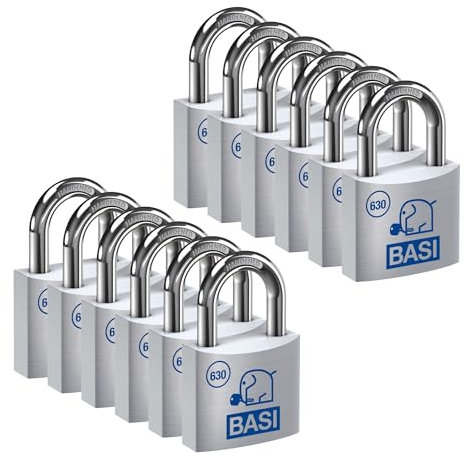 BASI | Vorhangschloss 12er Set | 50 mm | gleichschließend | massives Aluminium-Gehäuse | gehärteter Stahlbügel | sicheres Vorhängeschloss gleichsperrend | Bügelstärke 9 mm | 12 Stück