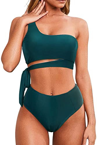 Trajes de Baño Mujer de Dos Piezas Bikinis Push Up Braga Alta Bañadores Reductor Barriga Bikini Bandeau un Hombro Brasileños(Azul,S)