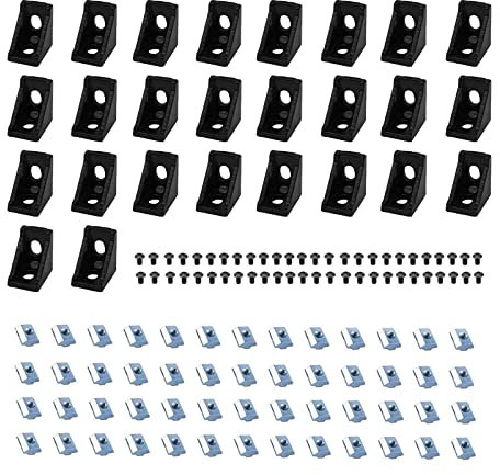 26Pcs 2020 Corner Brackets Set with 52Pcs M5 T Slot Nuts, 52Pcs M5x8mm Hex Socket Cap Screw and 2Pcs M3 Wrench for 2020 Series Aluminum Extrusion Profile Black