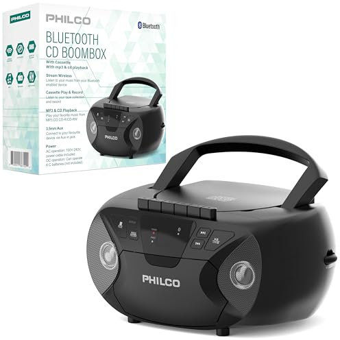 Philco Portable Bluetooth Boombox with CD and Cassette Player | Cassette Recorder | Connect to Headphones | CD Player is Compatible with MP3/WMA/CD-R/CD-RW CDs | 3.5mm Aux Input | AC/Battery Powered
