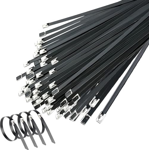Deecam Fascette Metalliche Nere 400MM, 50 Pezzi Fascette in Acciaio Inox, Adatto Per Bende Termiche Scarico, Fasci Di Cavi, Manutenzione Del Giardino e Tende Da Sole