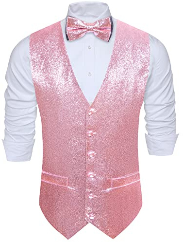 Barry.Wang Gilet brillant pour homme avec paillettes et nœud papillon, ensemble pour soirée festive, disco, fête, bal de promo, rose, 3XL