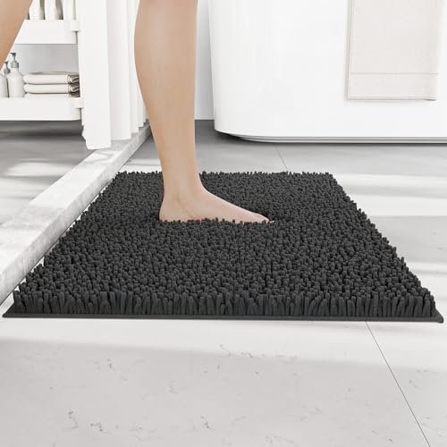 RUN HELIX Non Slip Chenille Bath Mat, Versatile Soft Bathroom Mat & Shower Mat, Machine Washable Absorbent Bath Mats for Bathroom, Living Room, Kitchen, Bedroom & Indoor Scenes, 40x60cm, Dark Grey