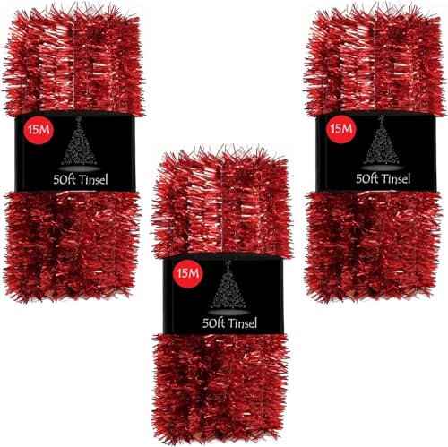 SKYTE® 50ft Tinsel Garland For Christmas Tree Decorations Xmas Thick Metallic Sparkly Foil Long Wide Stairs Crafts (Red)