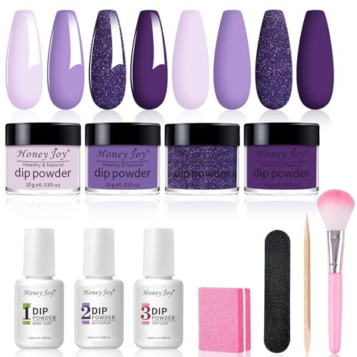 Dip Powder Nail Kit for 4 Colors System Starter Kit Acrylic Dipping System,4 PCS Dipping Powder,3 PCS 10ml Liquid Nail Kit Purple Blue Acrylic Set (Dip-7pcs-03