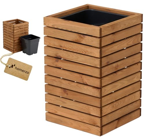 HOMERZO Blomlåda för inomhus- och utomhusbruk växtkruka av trä med plastväxtinsats 18 l blomkruka fyrkantig för balkong eller terrass (36 x 36 h 55)